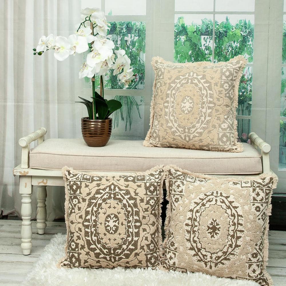 Beige Embroidered Square Cotton Throw Pillow 18" x 18"