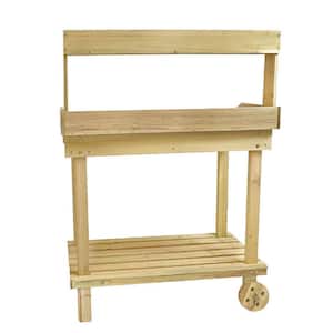Wood Potting Bench Work Station Table with Tabletop Removable Sink Drawer Shelves Hooks on Wheels