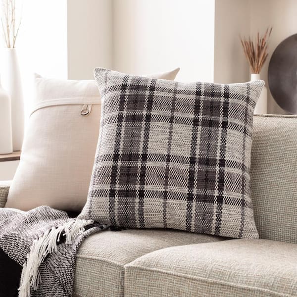 Livabliss Mangus Charcoal Plaid Polyester Fill 22 in. x 22 in. Decorative Pillow