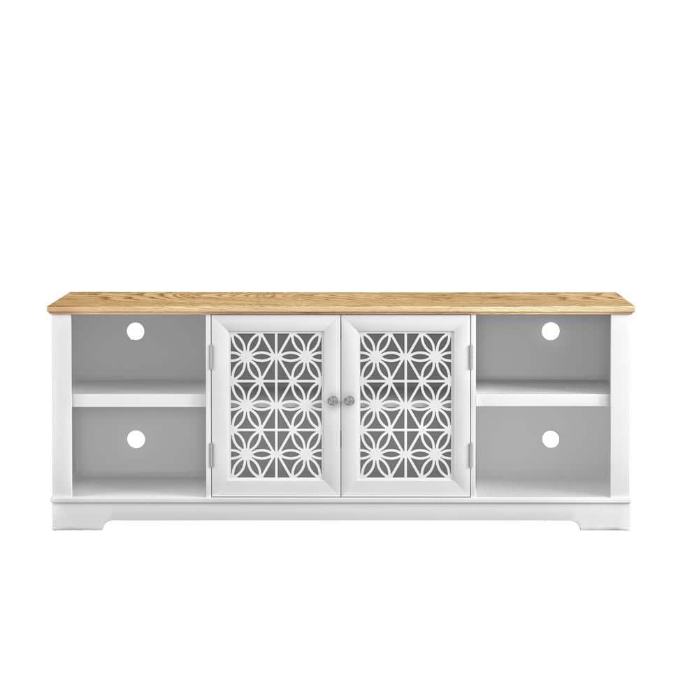 Grayish-White 70" TV Stand with Lattice Doors and Wood Top