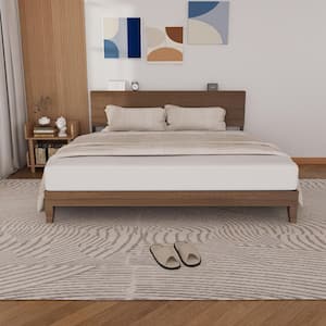 Brown Wood Frame King Platform Bed with Headboard, Charging Station