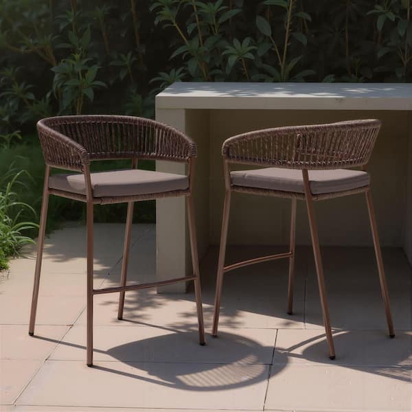 23.5 in. H Brown Finish Low Back Metal Bar Stool with Faux Leather Square Seat (Set of 2)