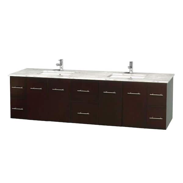 Wyndham Collection Centra 80 in. Double Vanity in Espresso with Marble Vanity Top in Carrara White and Under-Mount Sinks