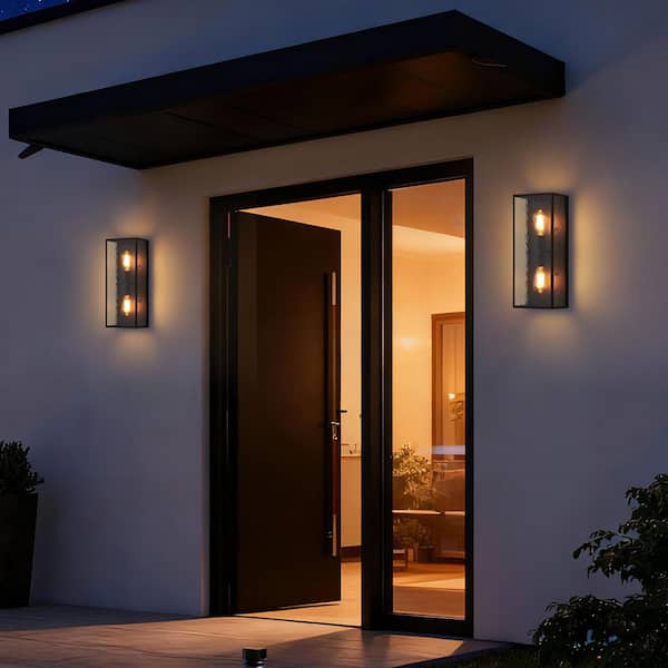 19.75 in. Black Outdoor Wall Sconces Light with Stone Pattern Glass Shades