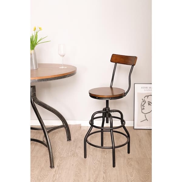 Hamrick Industrial Wood and Iron Adjustable Height Backed Bar Stool