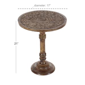 17 in. Dark Brown Handmade Intricately Carved Floral Large Round Wood End Accent Table