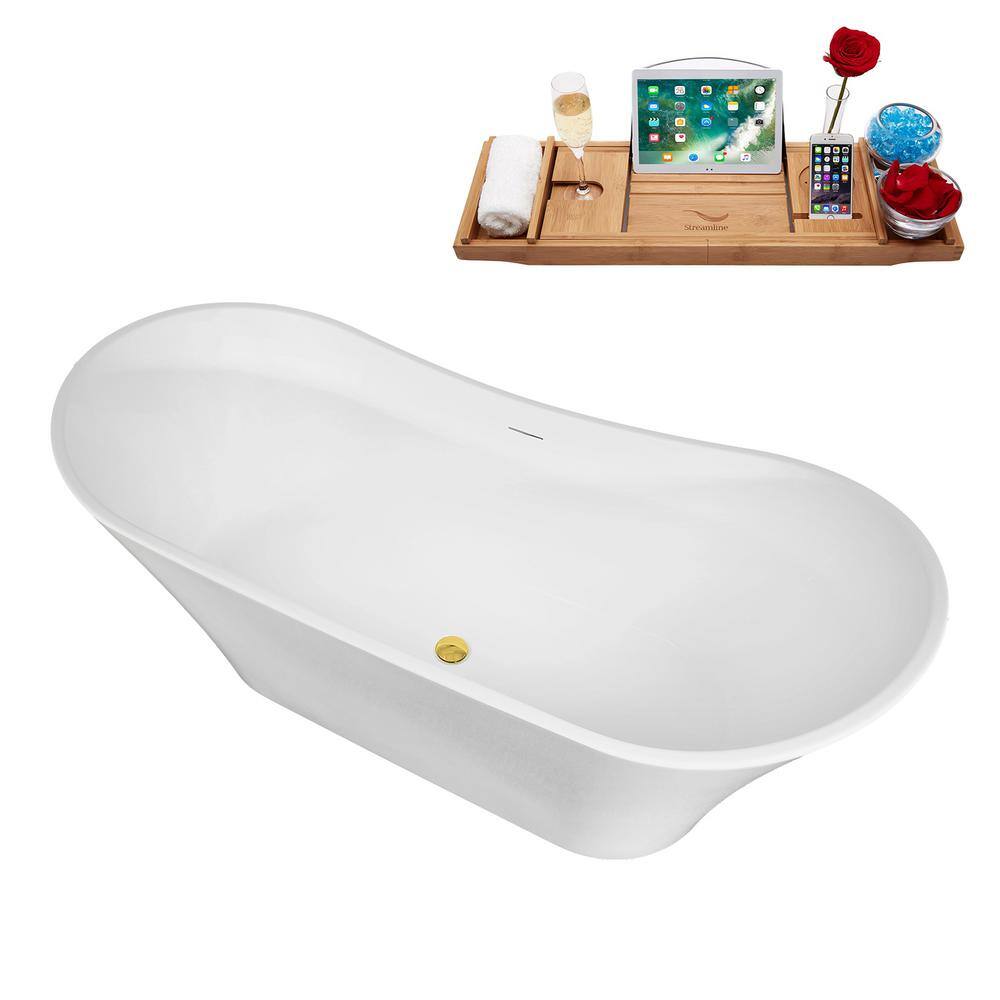 67" Glossy White Acrylic Freestanding Double Slipper Bathtub with Polished Gold Trim