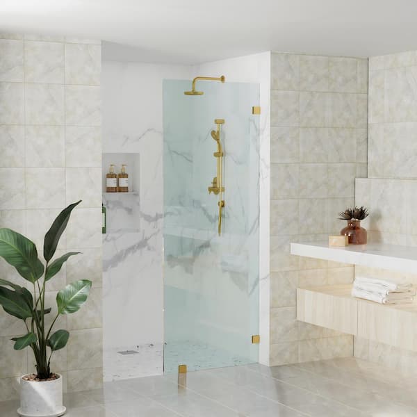 Kobiworks Nirvana 27 in. W x 76 in. H Frameless Fixed Panel Shower Door in Brushed Gold without Handle 3/8 in. Clear Glass (10mm)