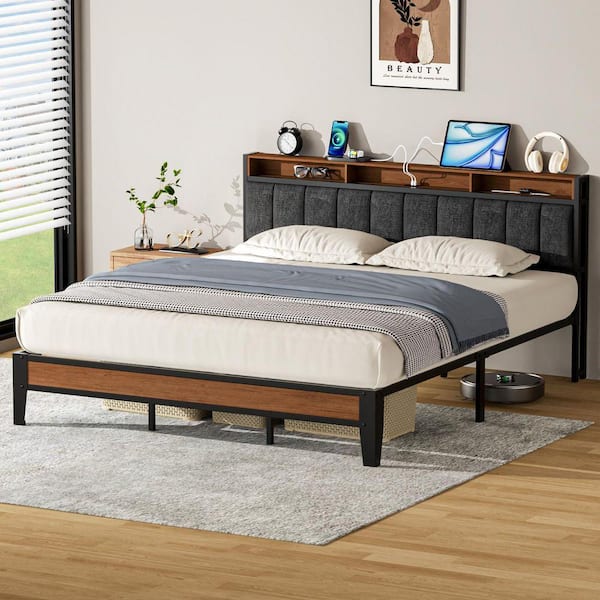 Gray Metal Frame California King Upholstered Platform Bed with Charging Station and Storage Headboard