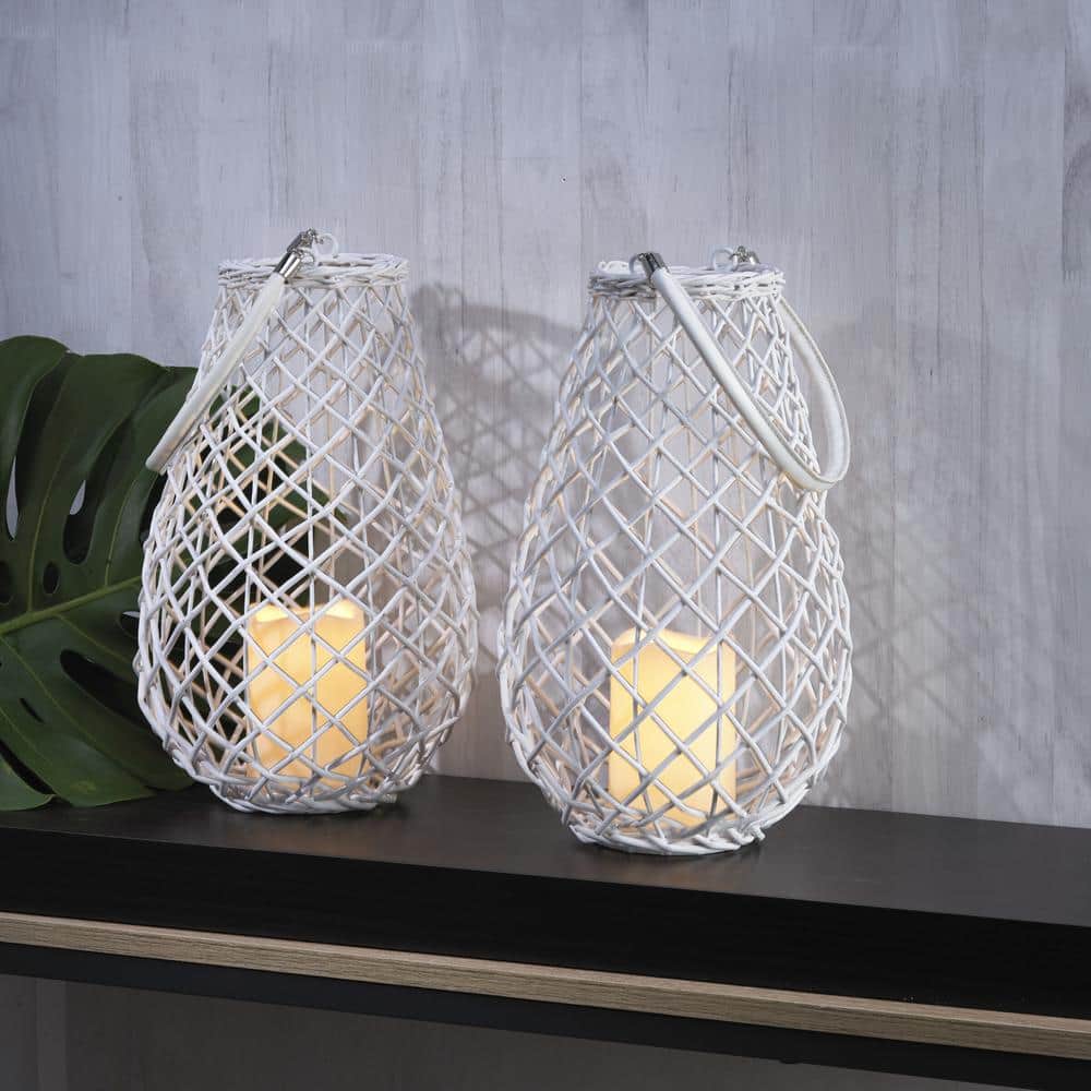 White Wicker Pear Shaped Lanterns with LED Candles, Set of 2