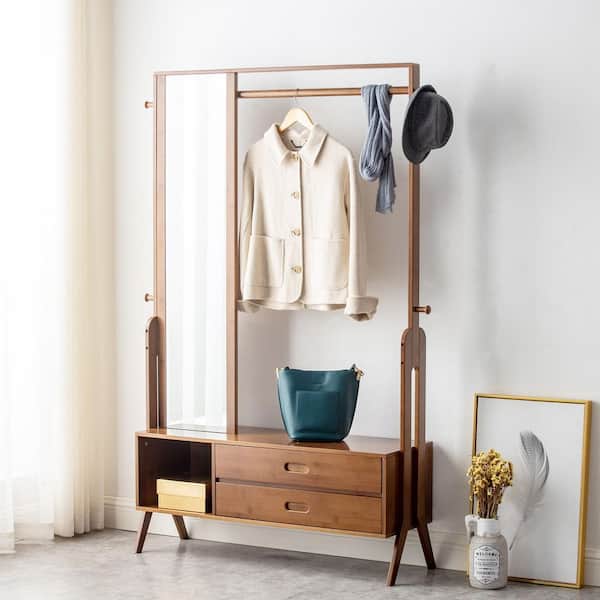 Brown Mirrored Valet Stand Coat Rack, Garment Rack with Storage Drawers and Hanging Rod for Home