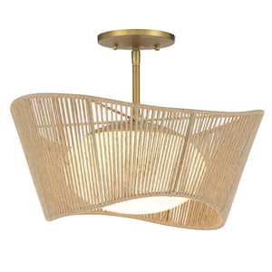 Key Largo 16 in. 1-Light Soft Brass Semi-Flush Mount with Etched Opal Glass and Natural Rope Shade