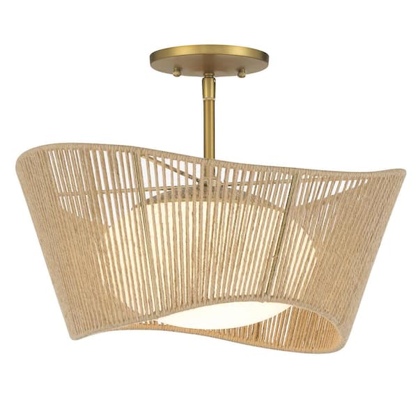 Key Largo 16 in. 1-Light Soft Brass Semi-Flush Mount with Etched Opal Glass and Natural Rope Shade
