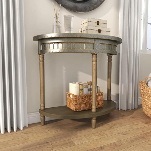 Litton Lane 36 in. x 33 in. Copper Half Moon Aluminum Drip Console Table with Melting Designed Legs and Shaded Glass Top, Brown