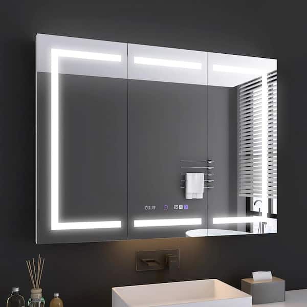 MEDUNJESS 48 in. W x 36 in. H Rectangular Silver Aluminum Recessed/Surface Mount Medicine Cabinet with Mirror and LED