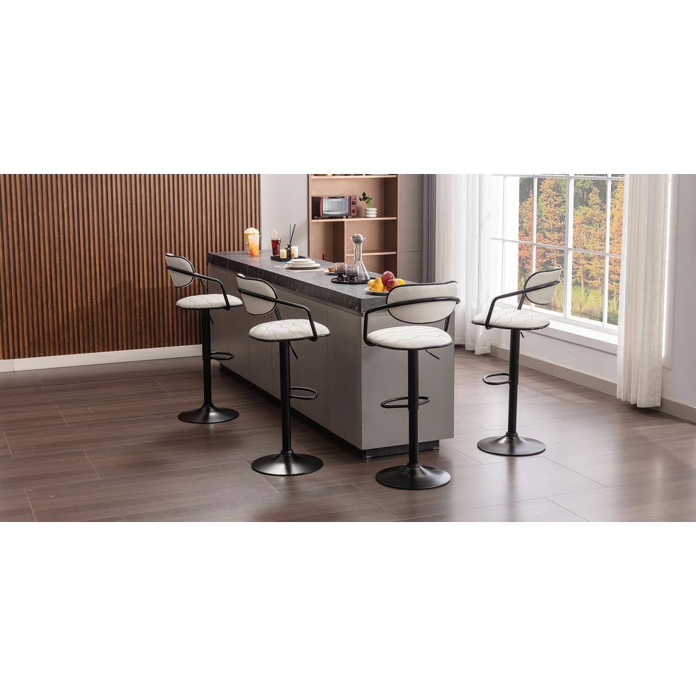 Adjustable White Faux Leather Swivel Bar Stools with Black Metal Frame, Set of 2