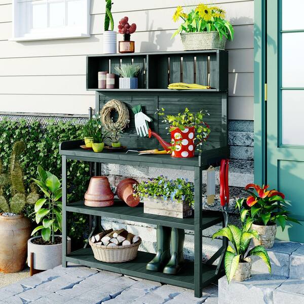 Polibi 46.9 in. W x 65 in. H Green Potting Bench with 4 Storage Shelves and Side Hook