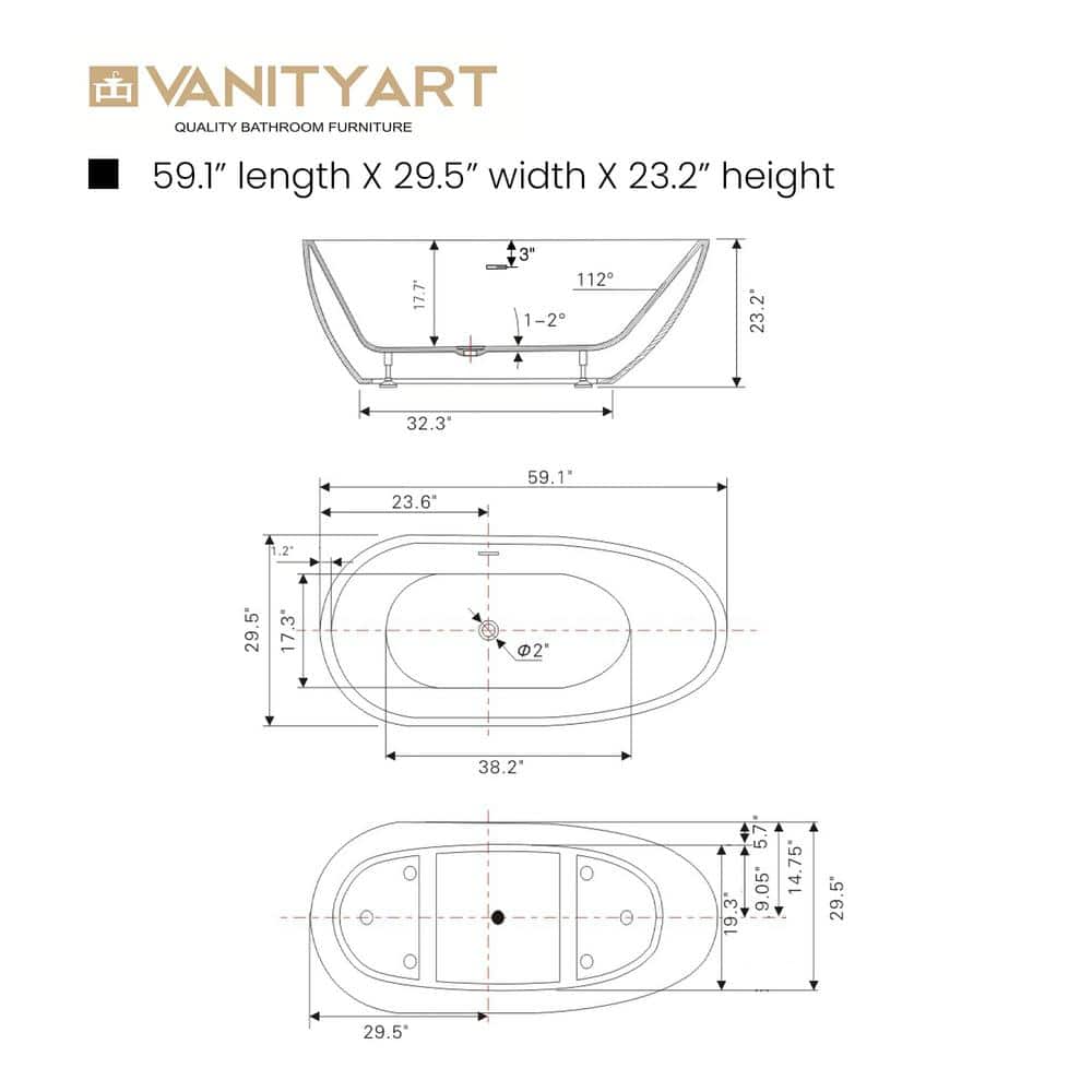 White and Titanium Gold Acrylic Freestanding Soaking Bathtub