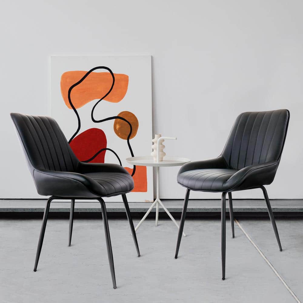 Black Faux Leather Tufted Arm Chair with Metal Legs, Set of 2