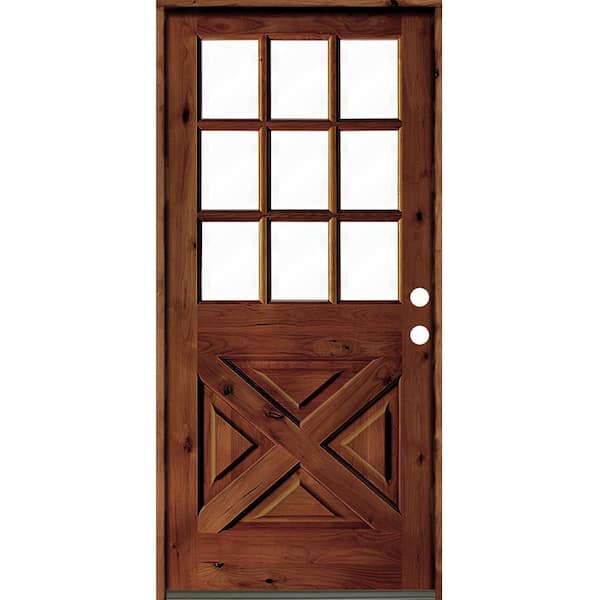 Krosswood Doors 32 in. x 80 in. Knotty Alder X-Panel Left-Hand/Inswing 1/2 Lite Clear Glass Red Chestnut Stain Wood Prehung Front Door