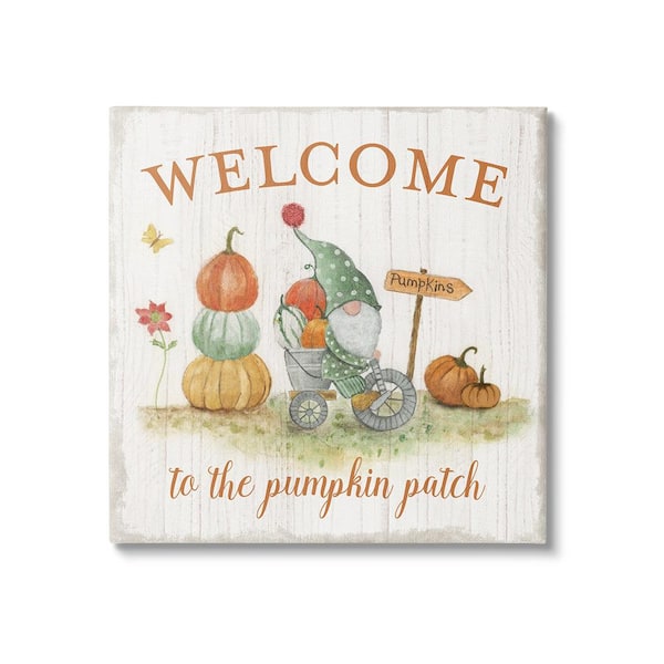 Stupell Industries Welcome Pumpkin Patch Gnome by Tava Studios 1-Piece Unframed Graphic Print Fantasy Poster Art Print 24 in. x 24 in.