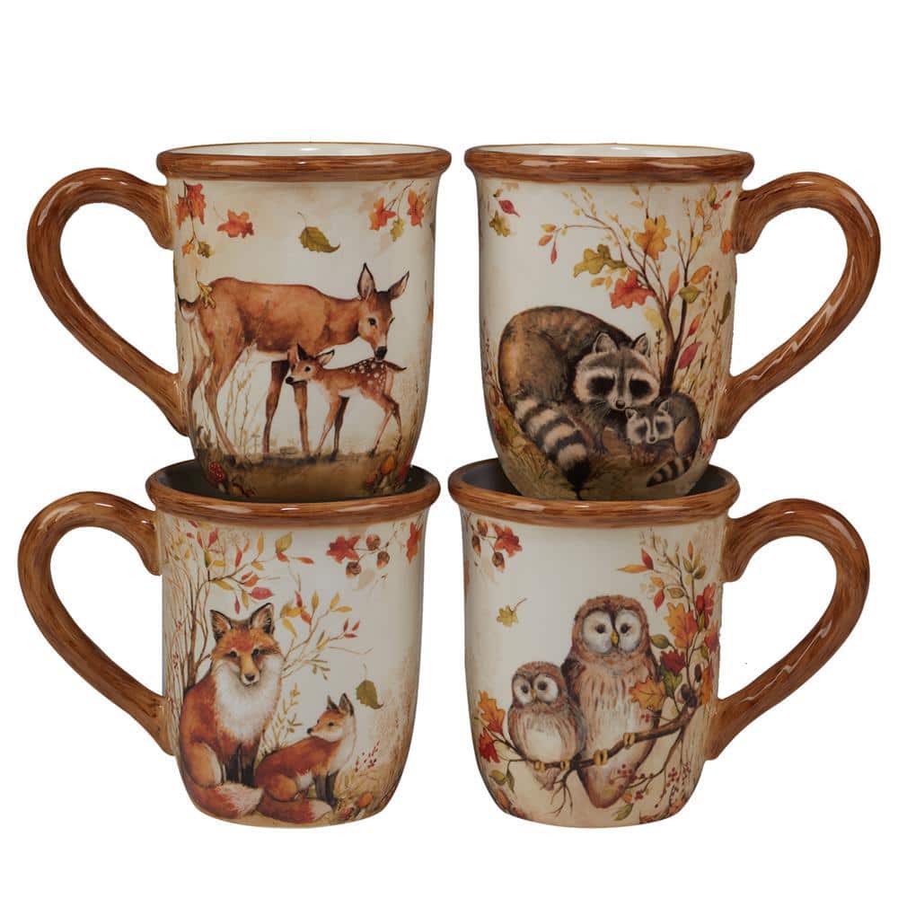 Pine Forest Ceramic Dinnerware Set with Forest Critters, Service for 4