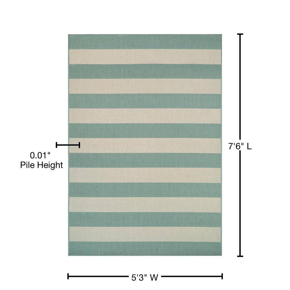 Sea Mist and Ivory Stripe Synthetic 5'3" x 7'6" Outdoor Rug
