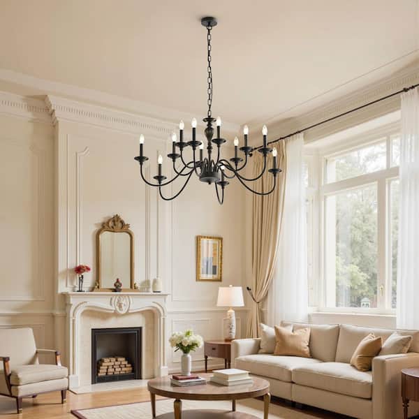 YANSUN 12-Light Black Farmhouse Chandelier, Industrial Candle