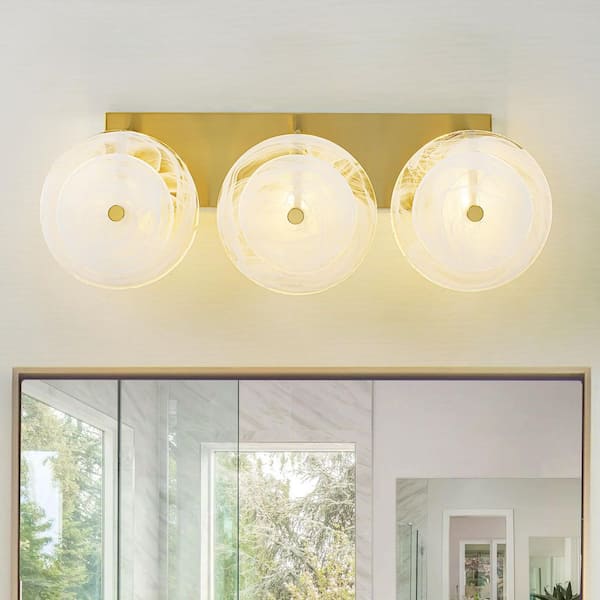 Torea 25.2 in. 3-Light Brass Modern Vanity Light with Double-Layer Cloud-Pattern Glass Round Disc