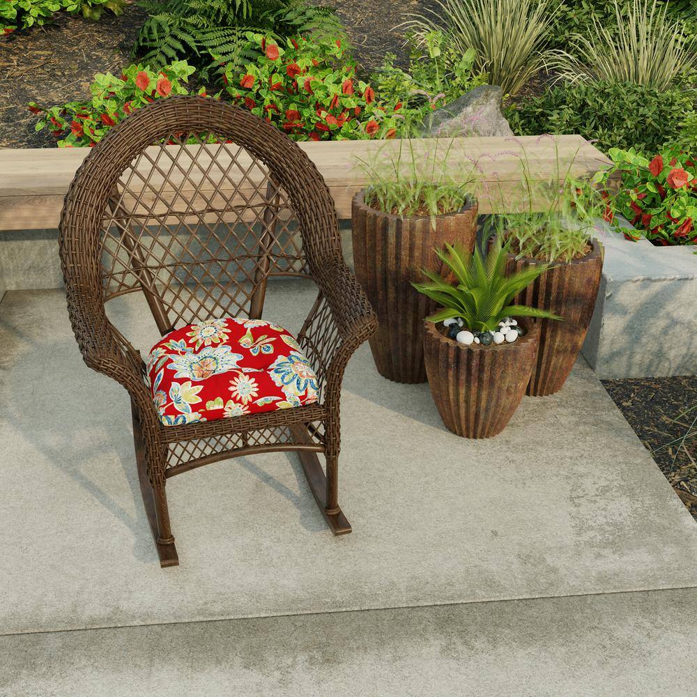 19" Red Floral Tufted Outdoor Wicker Seat Cushions (Set of 2)