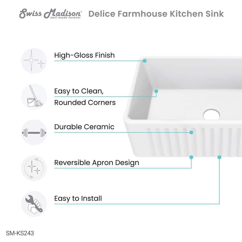 Delice 30 x 18 White Ceramic Farmhouse Kitchen Sink
