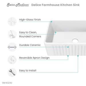 Delice Farmhouse Ceramic 30 in. x 18 in. Single Bowl Kitchen Sink in White