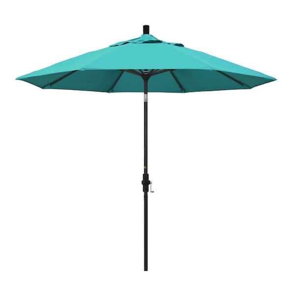California Umbrella 9 ft. Stone Black Aluminum Collar Tilt Crank Lift Market Patio Umbrella in Aruba Sunbrella