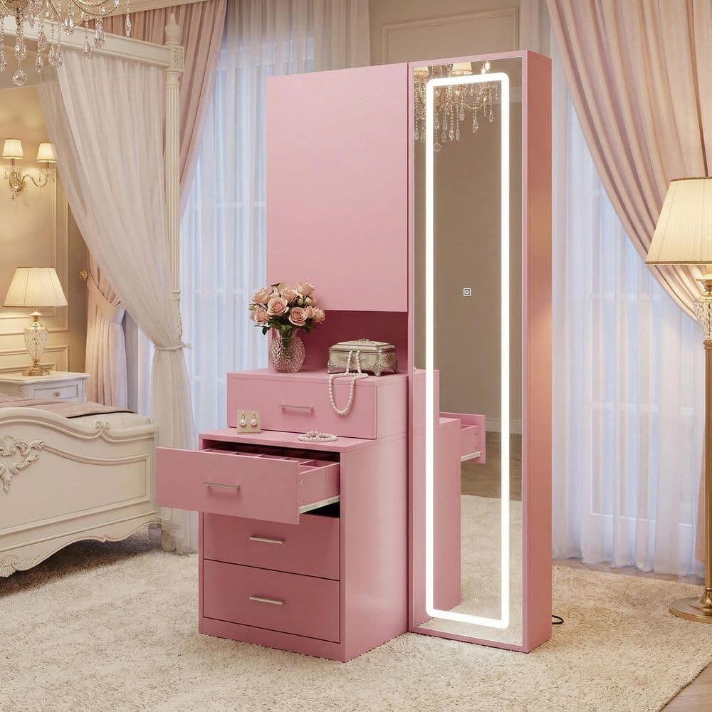 White Makeup Vanity Desk Wood Dressing Table With Sliding Top, Full-Length Mirror, Hidden Shelves, Drawers, LED Lights - thumbnail 3