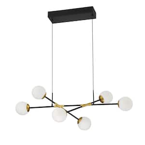 CALIPSO 6-Light Black and Brass Sputnik Integrated LED Pendant Light with White Glass Shade
