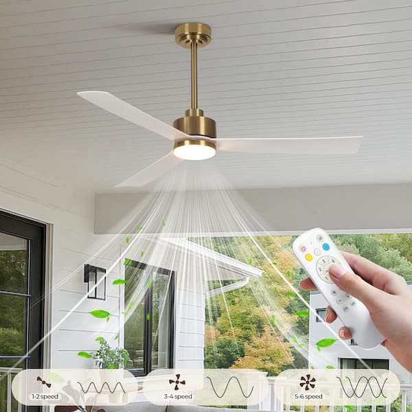 52 in. Indoor Matte White and Gold Brushed Low Profile 3-Colors LED Flush Mount Ceiling Fan with Light Kit and Remote