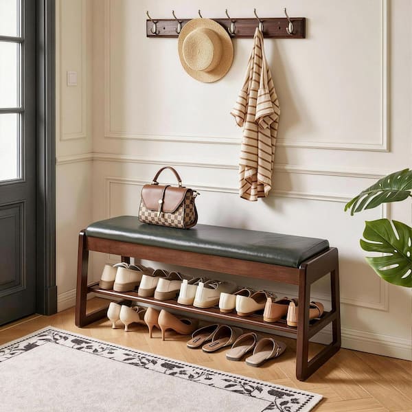 16.93 in. H x 39.37 in. W Green Solid Wood Shoe Storage Bench with Premium PU Leather Seat