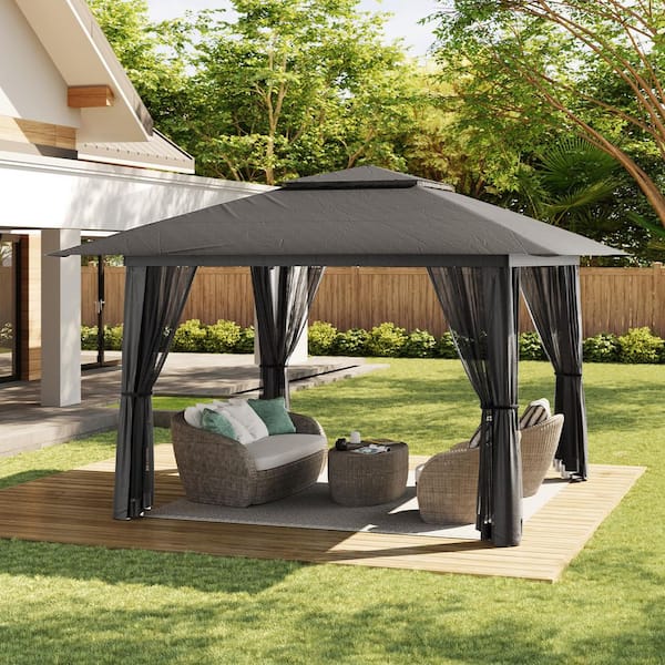 13 ft. x 13 ft. Gray Pop Up Gazebo Tent with Mosquito Netting (169 sq. ft.)