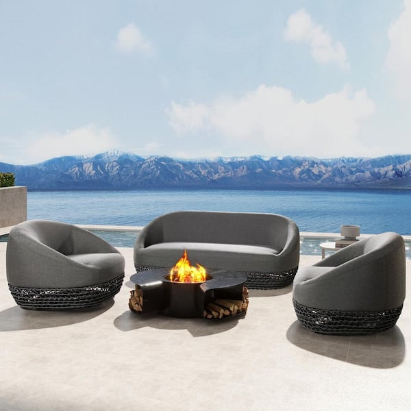 Willow 3-Pcs Sunbrella Upholstered Woven Patio Deep Seating Conversation Set in Graphite Gray-Black