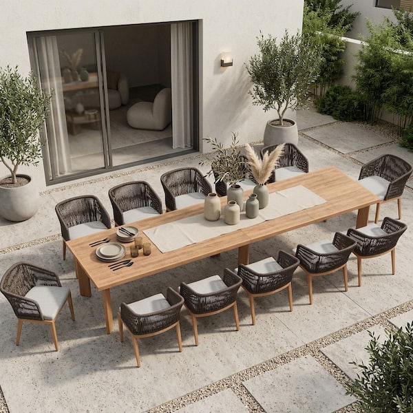 13-Piece Aluminum Wicker Dining Table and Armchairs Patio Outdoor Dining Set Teak Furniture Set with Cushions