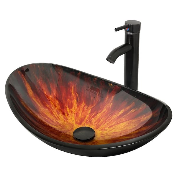 Puluomis Black and Red Glass Oval Vessel Sink with Faucet Pop Up Drain Set