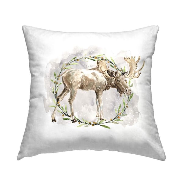 Stupell Industries Moose in Watercolor Wreath Brown Print Polyester 18 in. X 18in. Throw Pillow