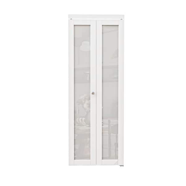 32 in. x 80 in. 1-Lite Frosted Glass Solid Core MDF White Finished Closet Bifold Door with Hardware