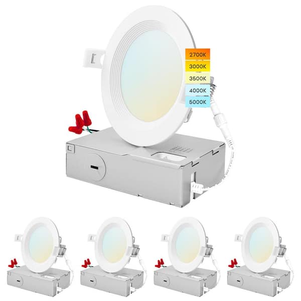 LUXRITE 4 in. 10.5W 5 Color Selectable Canless Ultra Thin J-Box Remodel Integrated LED Recessed Light Kit Baffle 4 Pack