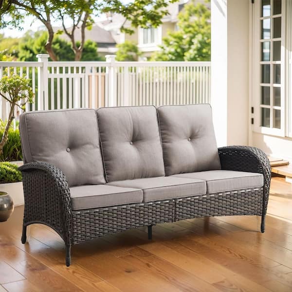 Gymojoy Carlos Brown Wicker Outdoor Couch with Gray Cushions