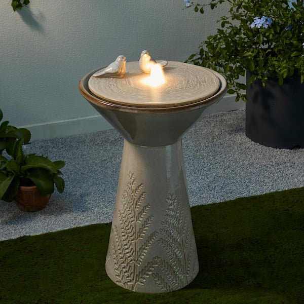 Glitzhome 27.5 H Two Birds Embossed Fern Fronds Pattern Pedestal Outdoor Ceramic Birdbath Fountain with Pump and LED Light - Beige