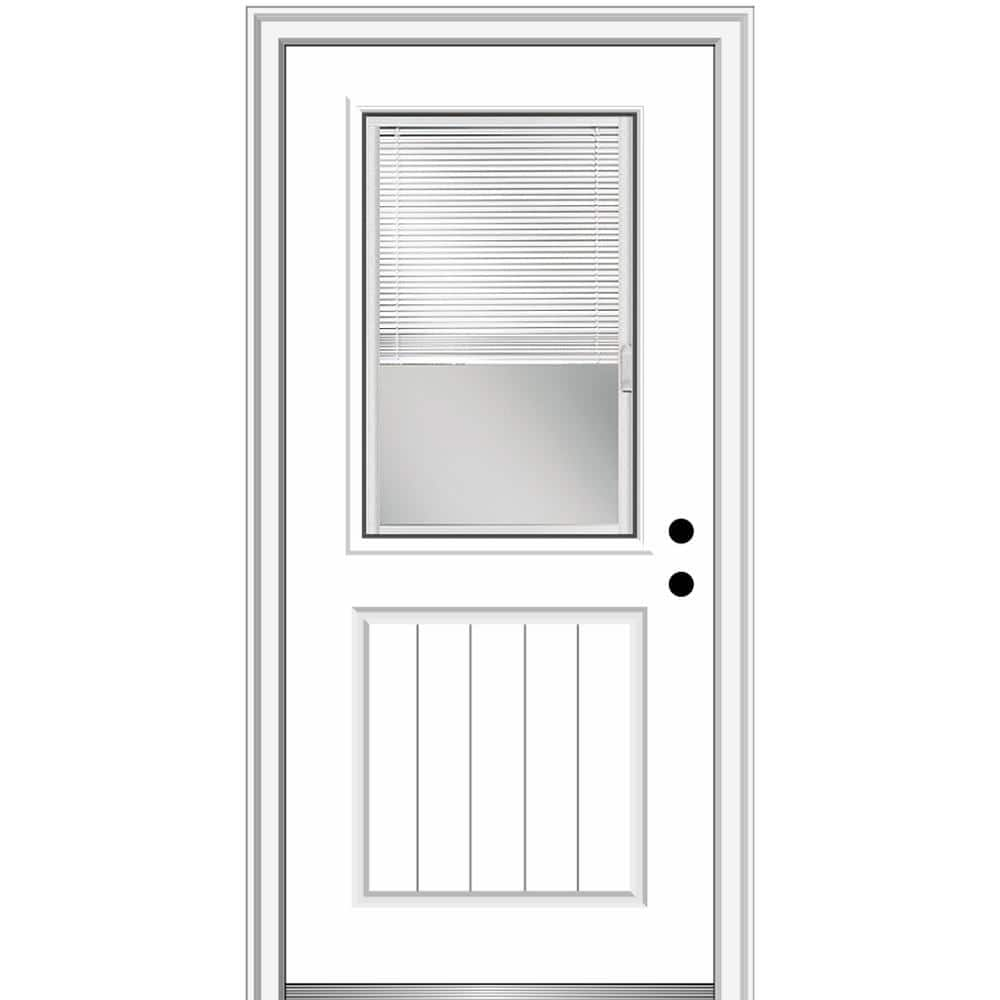 MMI Door 32 in. x 80 in. Internal Blinds Left-Hand 1/2 Lite 1-Panel Planked Clear Primed Fiberglass Smooth Prehung Front Door