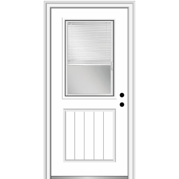 MMI DOOR 36 in. x 80 in. Internal Blinds Left-Hand 1/2 Lite 1-Panel Planked Clear Primed Fiberglass Smooth Prehung Front Door