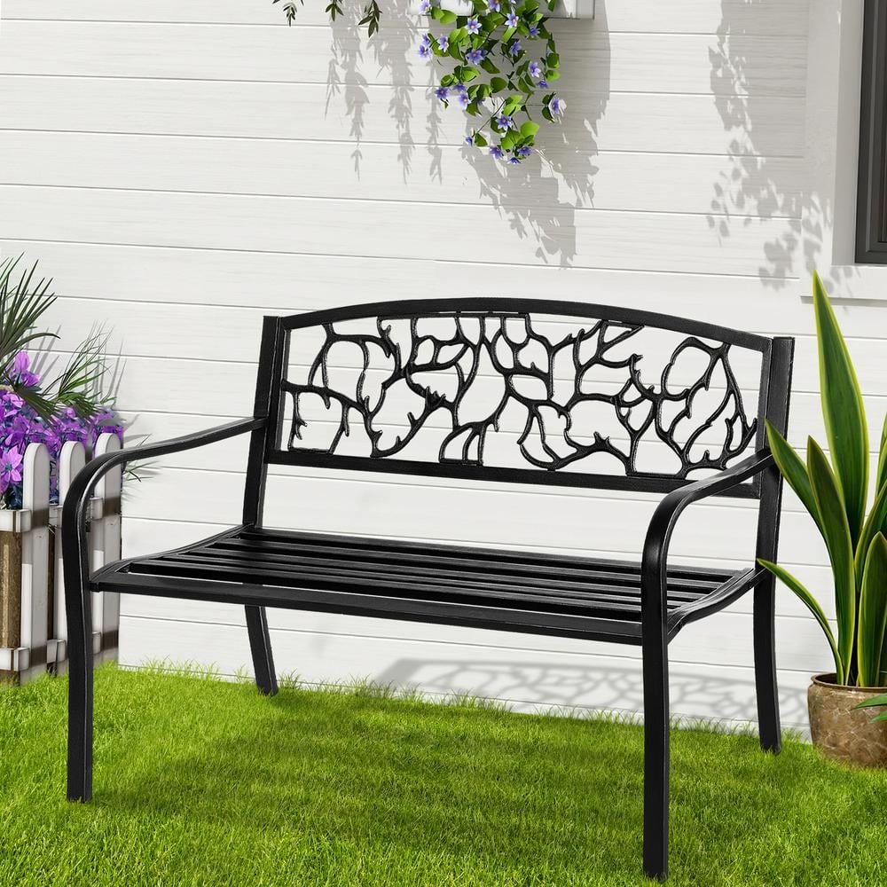 Dovelina 50 in. Metal Outdoor Garden Bench Patio Garden Bench in Black HD-202490301 - The Home Depot