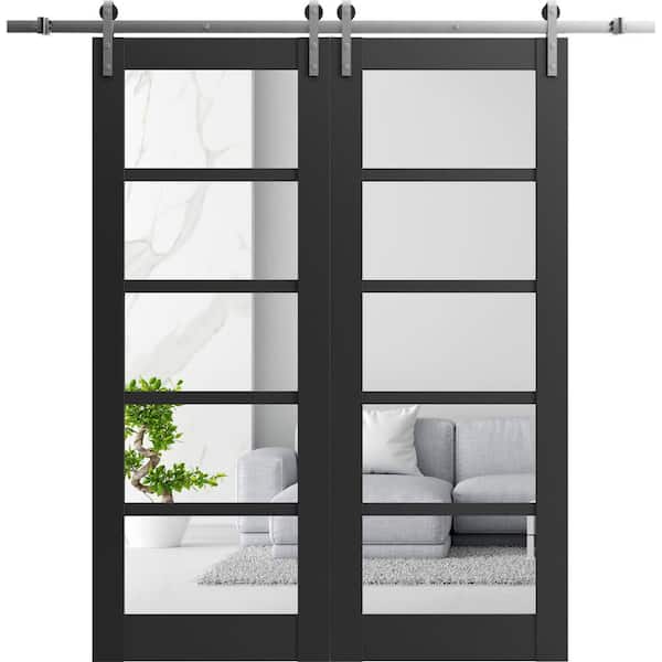 Sartodoors 30 in. x 80 in. 2 Panel Clear Glass Black Matte Solid MDF Sliding Barn Door with Hardware Kit